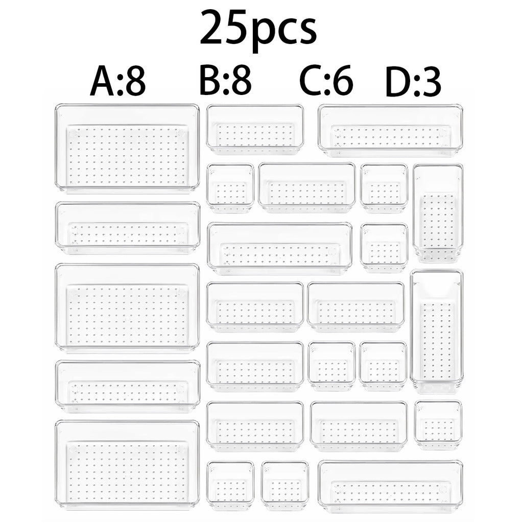 Transparent PET Drawer Organizer Set with 44-Piece, 58-Piece, 23-Piece or 11 Plus 2 Options for Desktop, Vanity, Bathroom and Bedroom Small-Item Storage