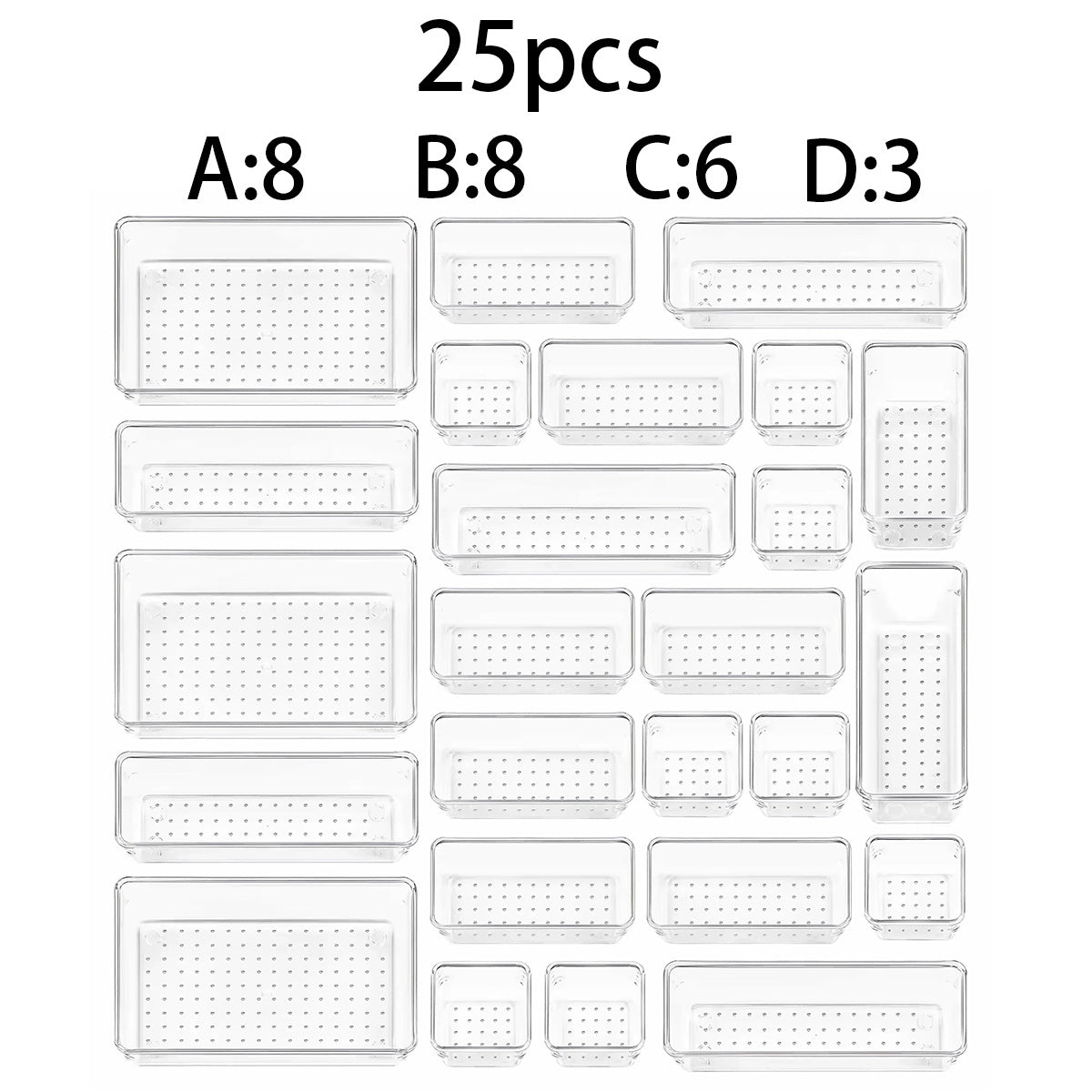 Transparent PET Drawer Organizer Set with 44-Piece, 58-Piece, 23-Piece or 11 Plus 2 Options for Desktop, Vanity, Bathroom and Bedroom Small-Item Storage