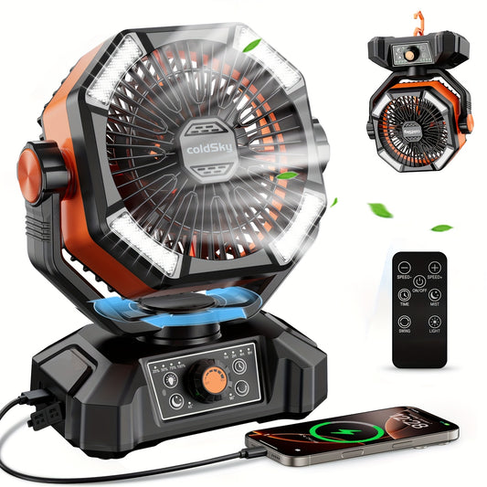 Dual Motor Camping Fan with 4 LED Lanterns, 20000mAh Rechargeable Battery Fan, 8-Speed Desk Fan with Remote, Portable Outdoor Fan with Hook for Tent, Power Outage, Construction Site