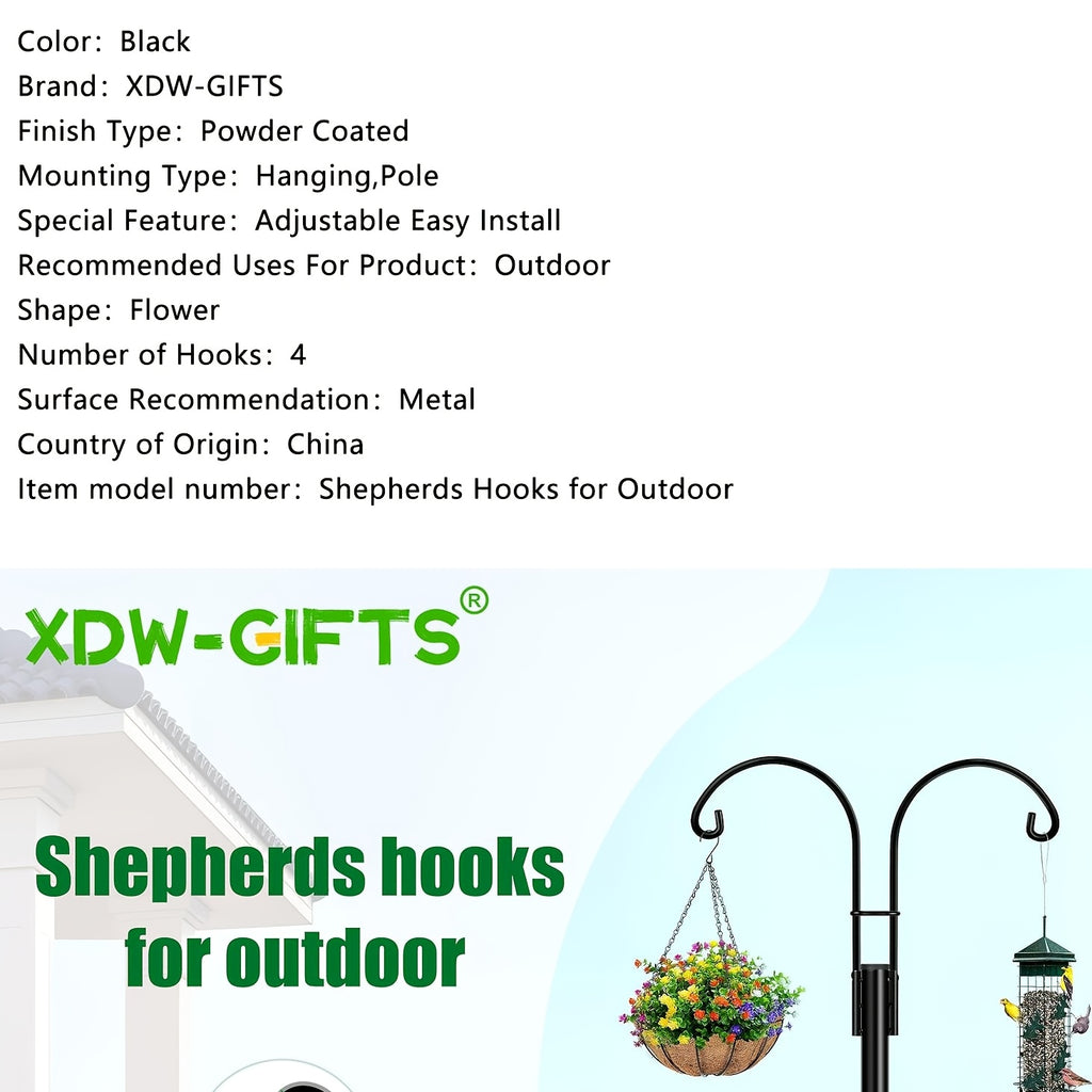 Double Shepherd Hooks for Garden, Listed Two-Piece 60-Inch Metal Pole Set with Five-Claw Bases and Adjustable Design for Bird Feeders, Hanging Baskets and Lanterns