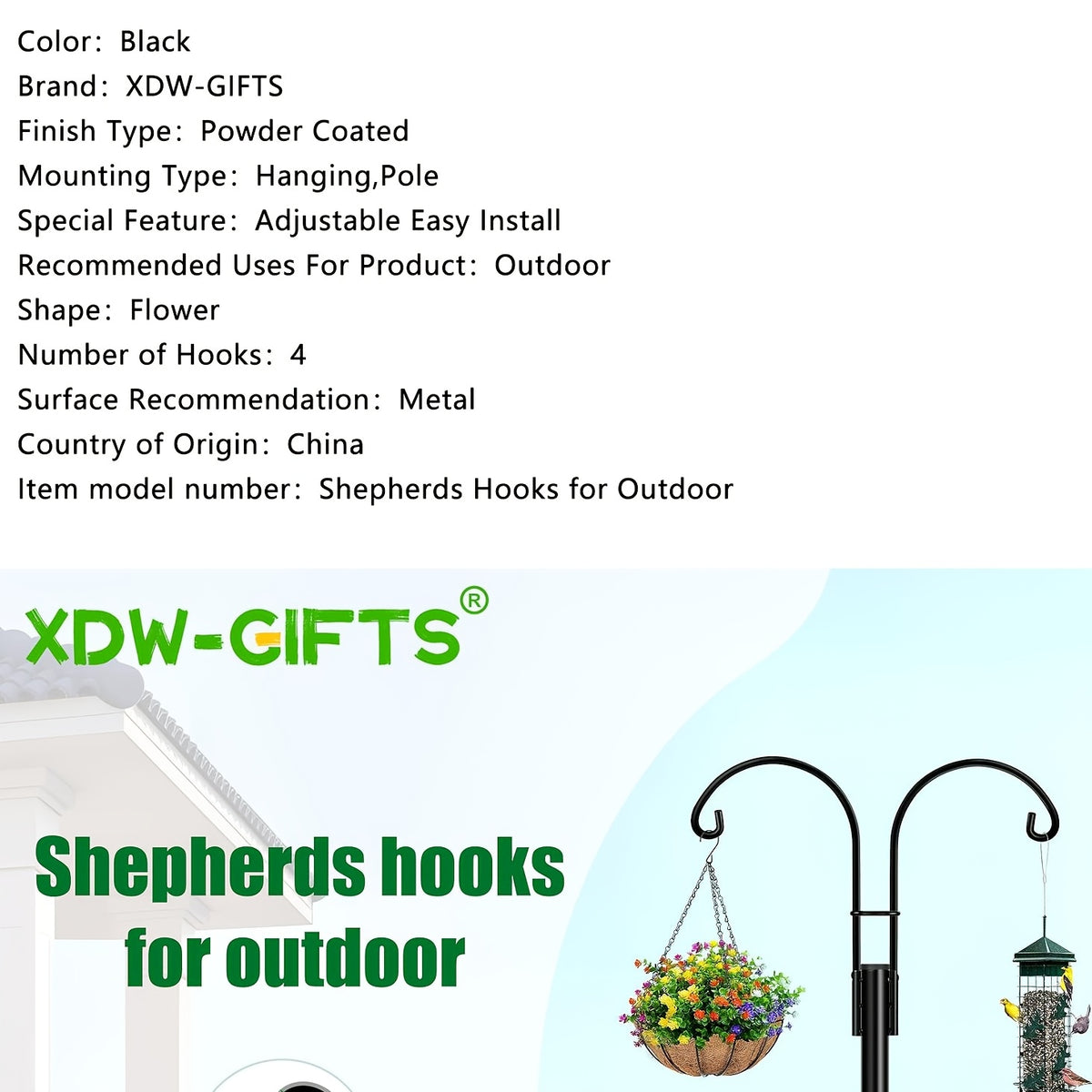 Double Shepherd Hooks for Garden, Listed Two-Piece 60-Inch Metal Pole Set with Five-Claw Bases and Adjustable Design for Bird Feeders, Hanging Baskets and Lanterns