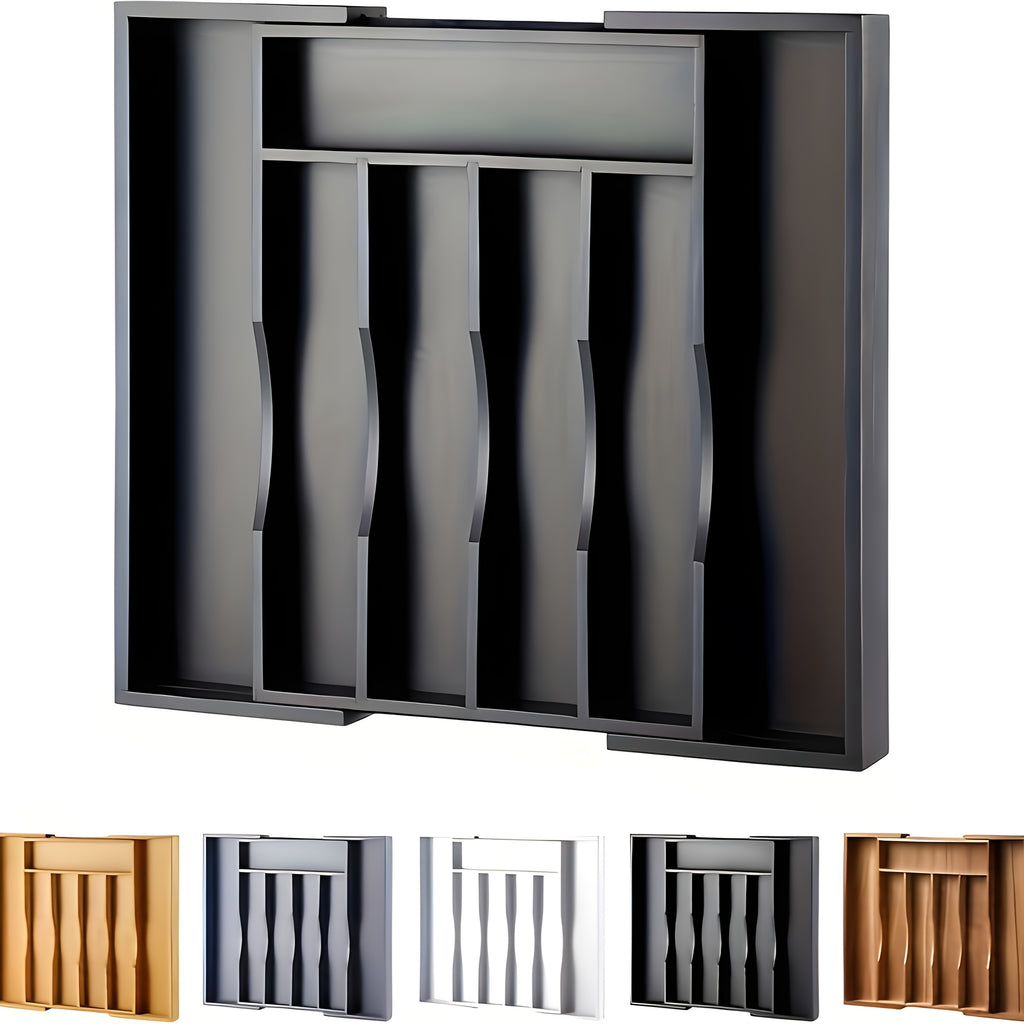 Expandable Silverware Drawer Organizer, BPA-Free Adjustable Plastic Cutlery Tray in Black or White for Kitchen Spoon, Fork and Knife Storage