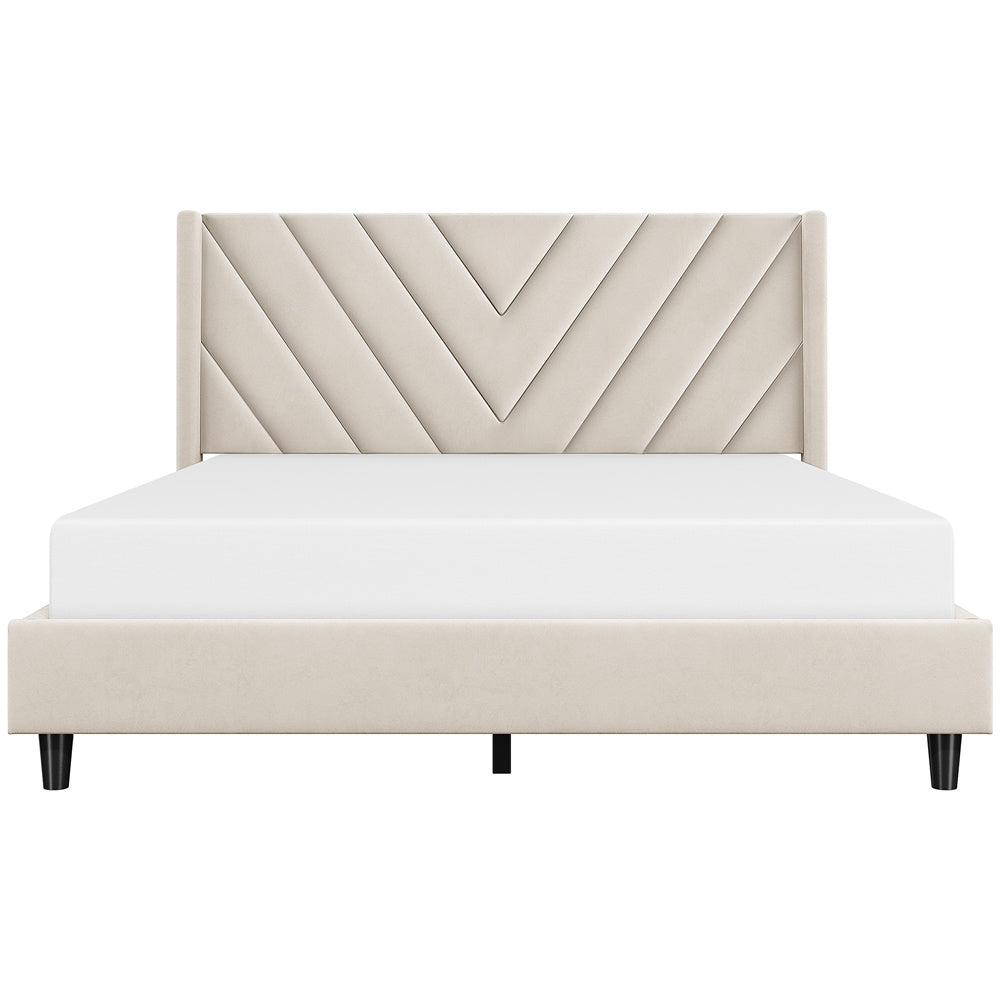 Velvet Platform Bed Frame by Costoffs with Wingback Headboard and Geometric Stitching, Wooden Slat Support, No Box Spring Needed, Twin to King Options