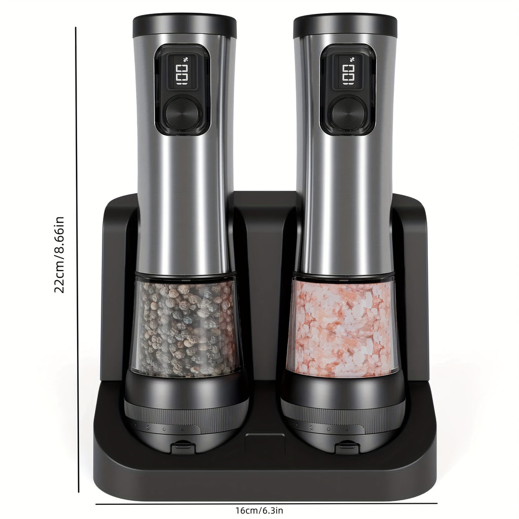Rechargeable Salt and Pepper Grinder with Adjustable Coarseness and LED Display, 3-in-1 Silvery Black or 6.76oz Double Barrel Options for Kitchen Seasoning
