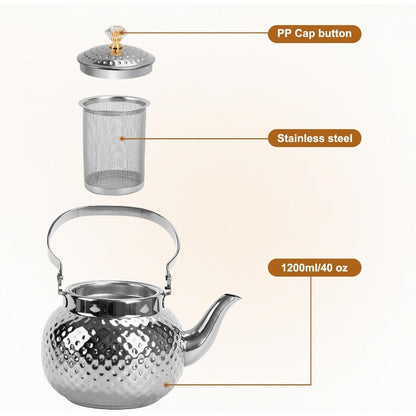 Hammered Stainless Steel Teapot with Strainer, 40.58oz Loose Leaf Tea Kettle in Gold or Silver for Home Tea Brewing & Tea Lover Gifts