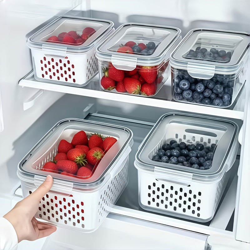 Fruit Storage Boxes with Removable Colanders, M+L Refrigerator Organizer Set in PP Plastic with Two Boxes and Two Drain Baskets, Four Pieces Total