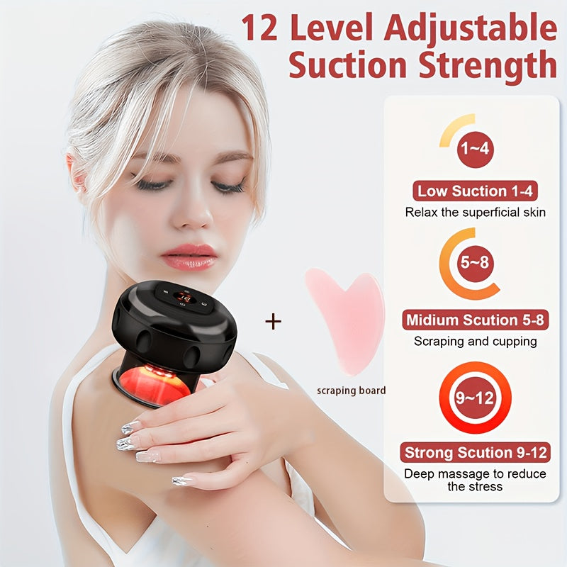 Electric Cupping Device with Pink Gua Sha Board, USB Rechargeable Red or Black Personal Care Tool with Listed 12-Level Heat and Suction Controls and Digital Display