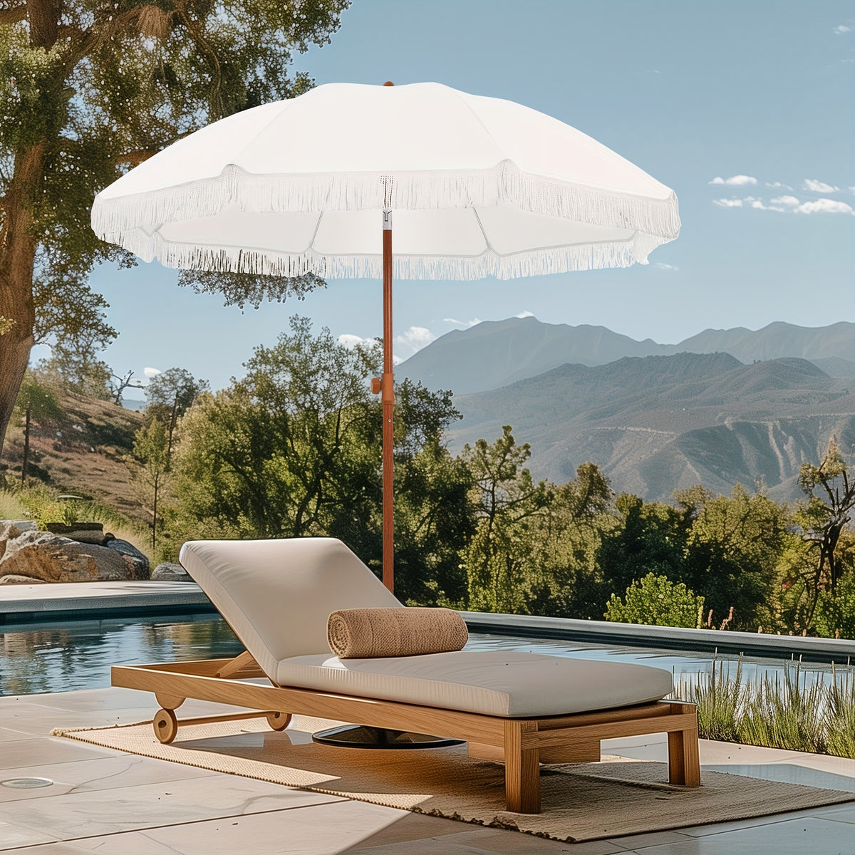 Eight-Rib Patio Umbrella with Push-Button Tilt Adjustment for Outdoor Garden and Courtyard Seating, Beige, Blue Pinstripe and White Style Selections