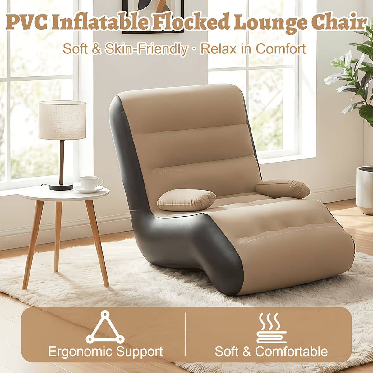 Inflatable Couch for Adults in Coffee Brown with Armrest and Listed Flocked Surface, Portable Air Sofa for Movie Night Seating and Camping Lounge Setups