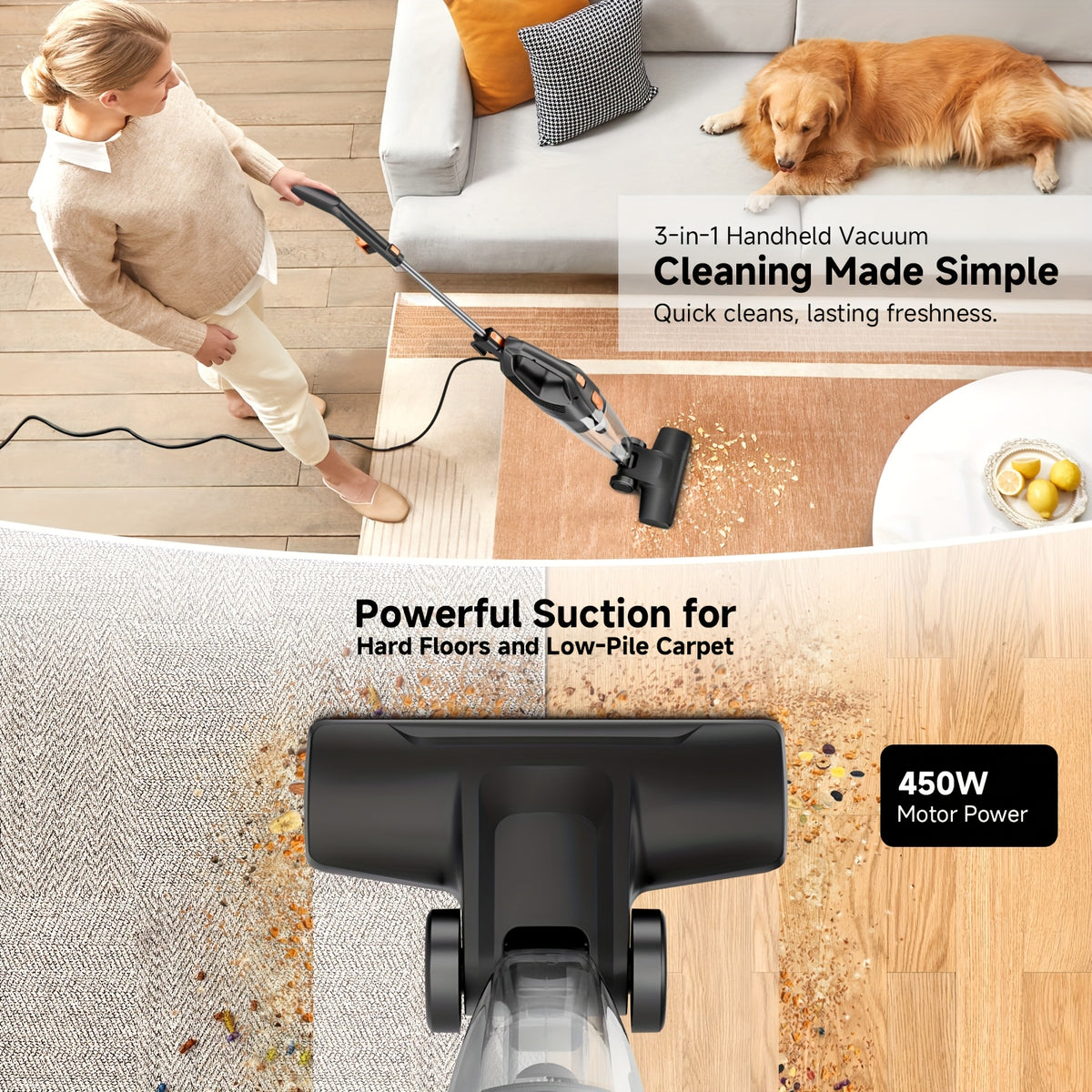 Convertible Stick Handheld Vacuum with Listed 6-in-1 Basic Design, 5.18lb Weight, Washable HEPA Filter, Dust Cup and Crevice Tool in Four Home Cleaning Color Options