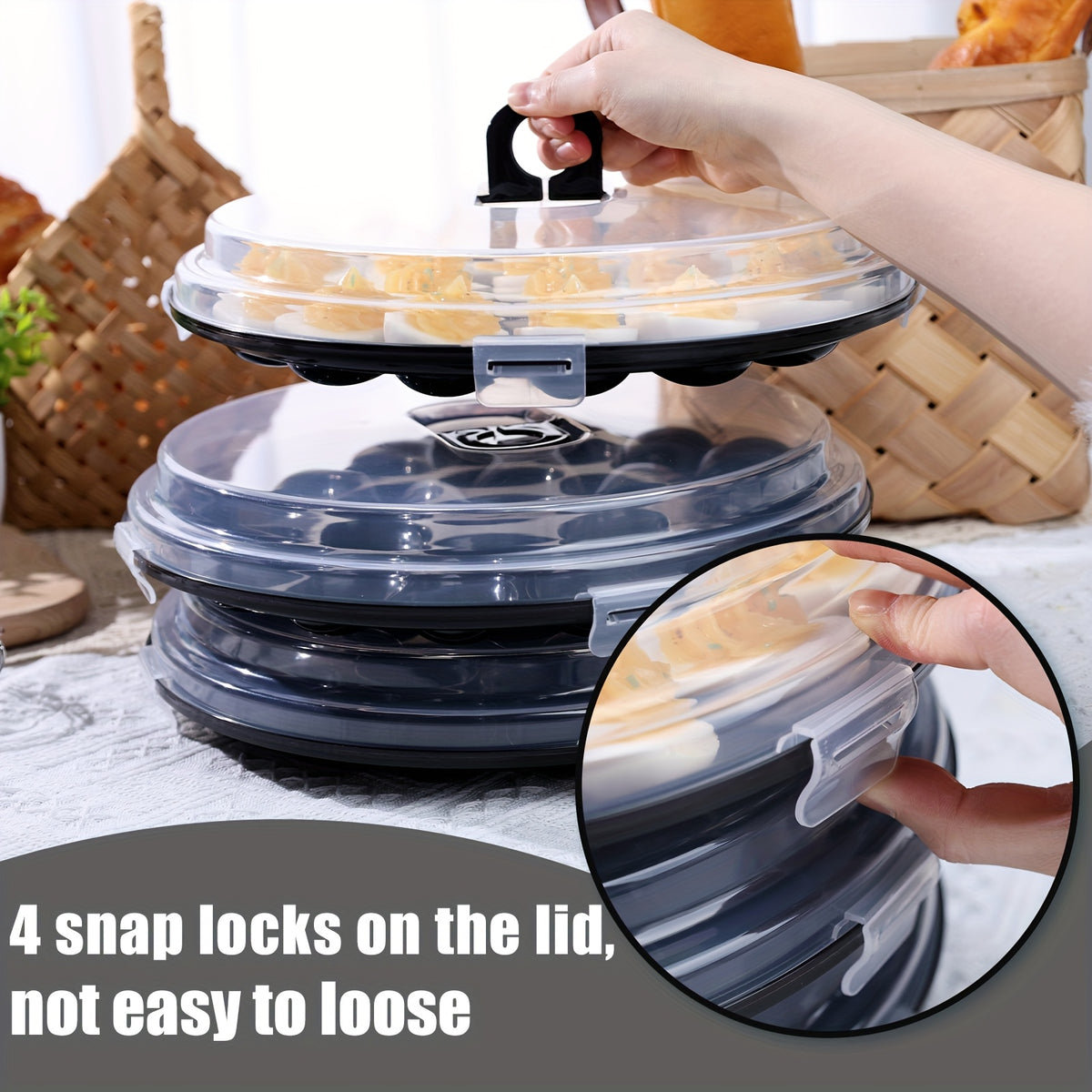 Deviled Egg Carriers with Lids and Folding Handles, Three 11.8-Inch Round Stackable PP Trays with 22 Slots Each for Party Prep, Serving and Upright Transport