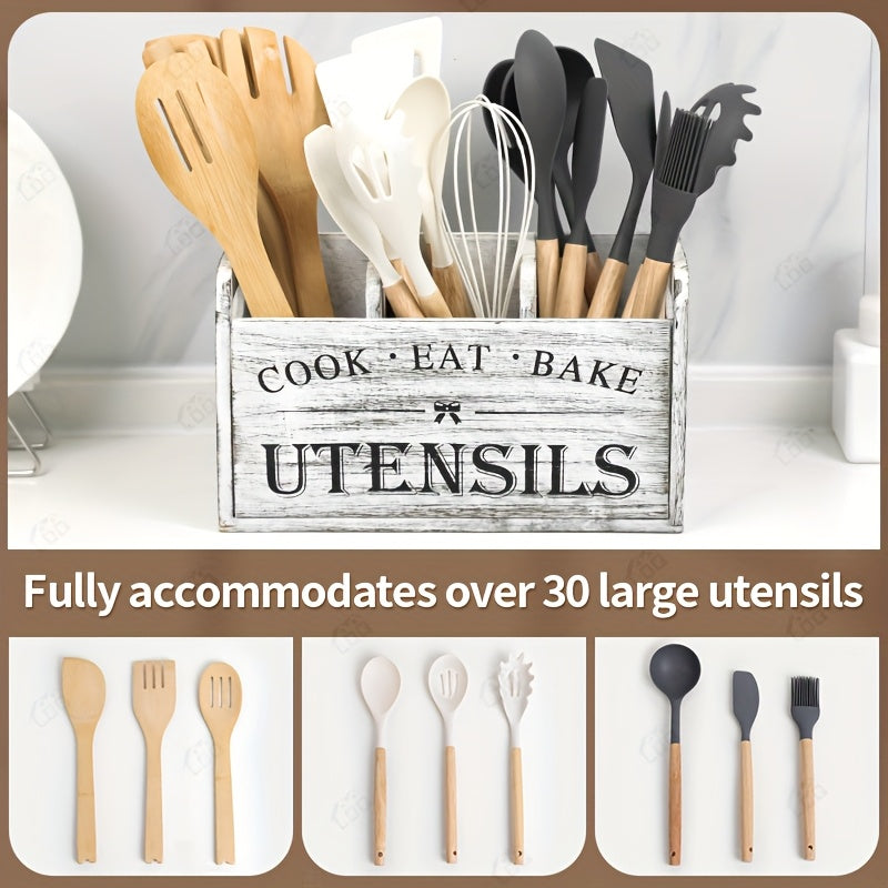 Wooden Kitchen Utensil Holder by LDQ, Rustic Countertop Organizer in Black or White with Two-Compartment Options for Forks, Spoons and Whisks