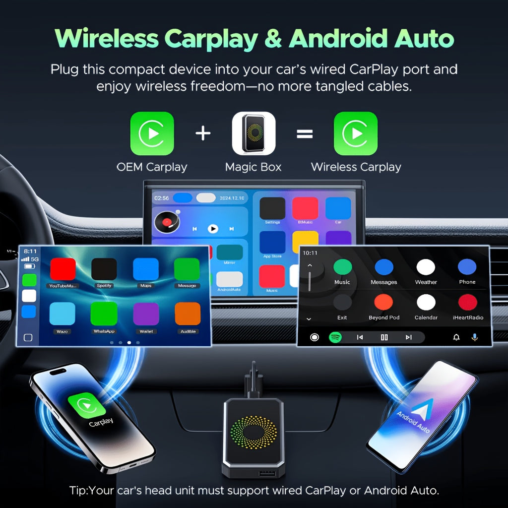 CarPlay Media Box in Black with Listed Wireless CarPlay Adapter, USB Port and Streaming Support for Compatible Factory Wired CarPlay and Android Auto Systems