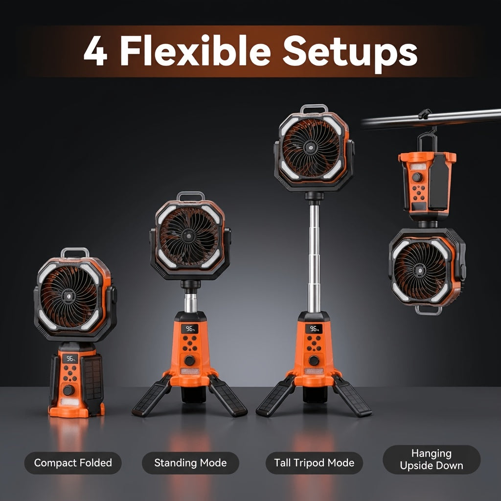Dual-Motor Camping Fan with Listed Remote Control, 1–100 Speed Adjustment and Oscillation, Classical, Mist and Solar Option Labels for Tent and Outdoor Airflow