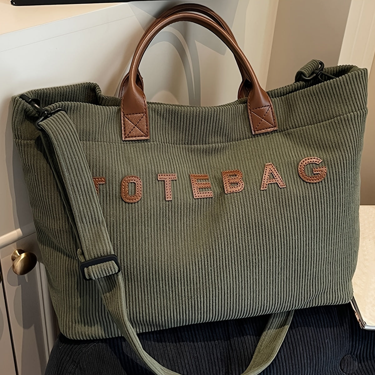 Corduroy Crossbody Tote Bag for Women with Adjustable Strap and Listed Hook-and-Loop Closure, Solid Color Shoulder Handbag for Commuting, Shopping and Casual Travel