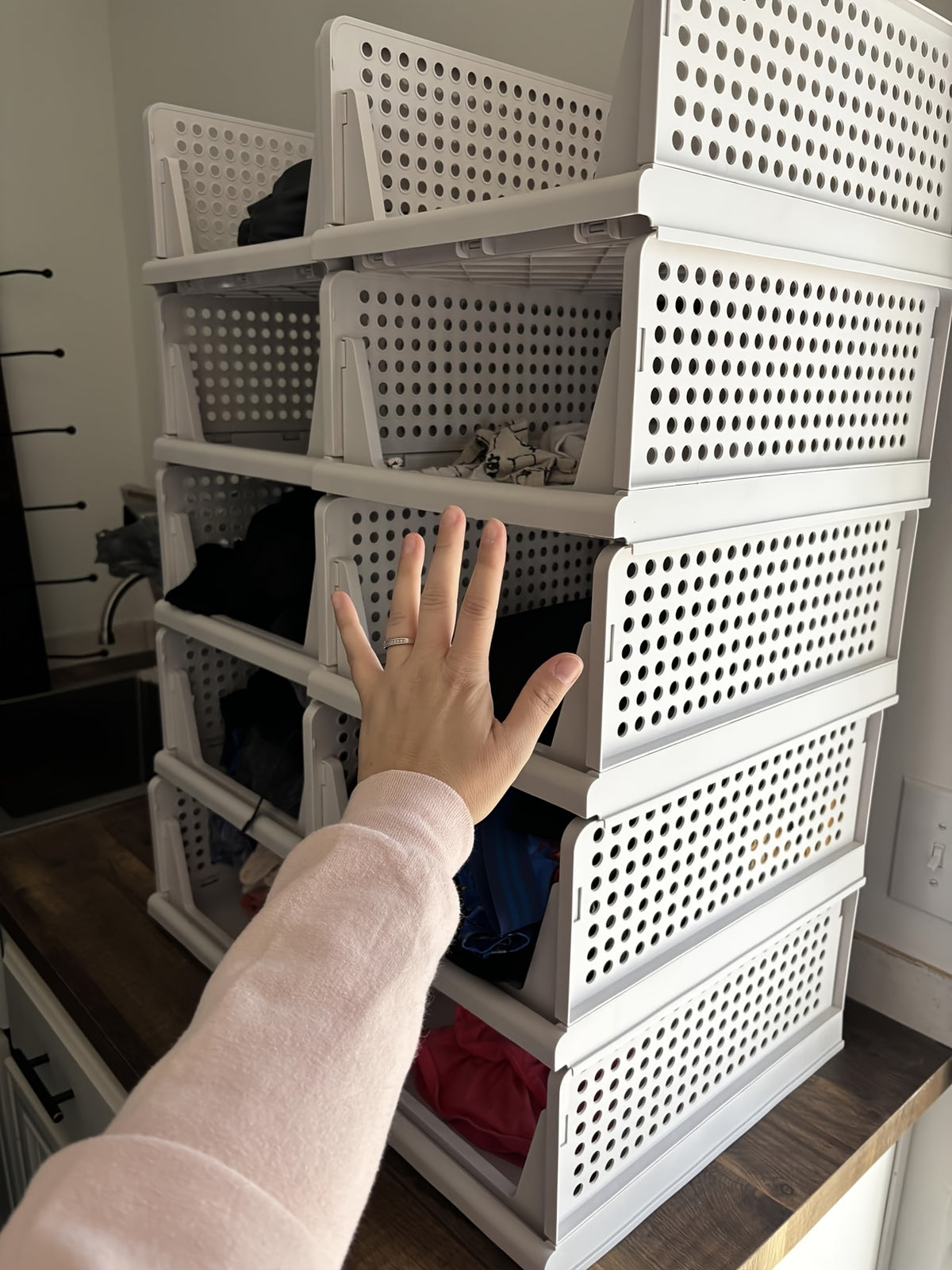 Stackable Closet Storage Baskets, 3-Piece Foldable Organizer Set with Listed 16.73 x 13.11 x 7.2 Inch Bins for Clothes, Files and Household Essentials