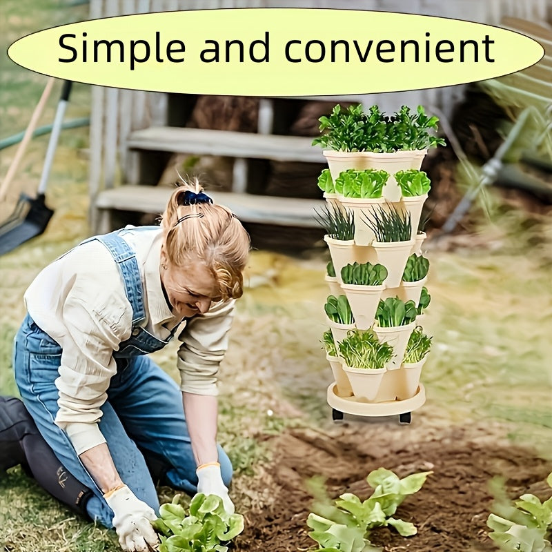 Five-Layer Stackable Planter Set for Vertical Gardening, Five Color Options with Listed Moving Wheels and Tools for Flowers, Herbs and Suitable Strawberry Plants