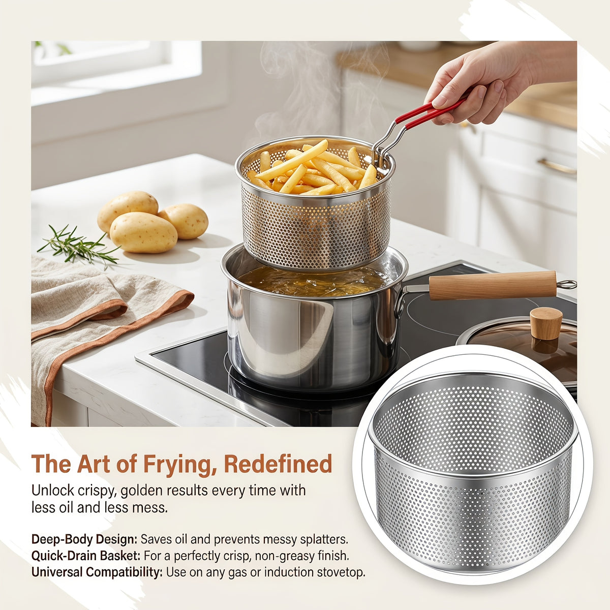 Stovetop Deep Fryer Pot with Frying Basket and Glass Lid, Listed 304 Stainless Steel Tempura Cookware for Fish, Shrimp, Chicken and Fries on Induction or Gas