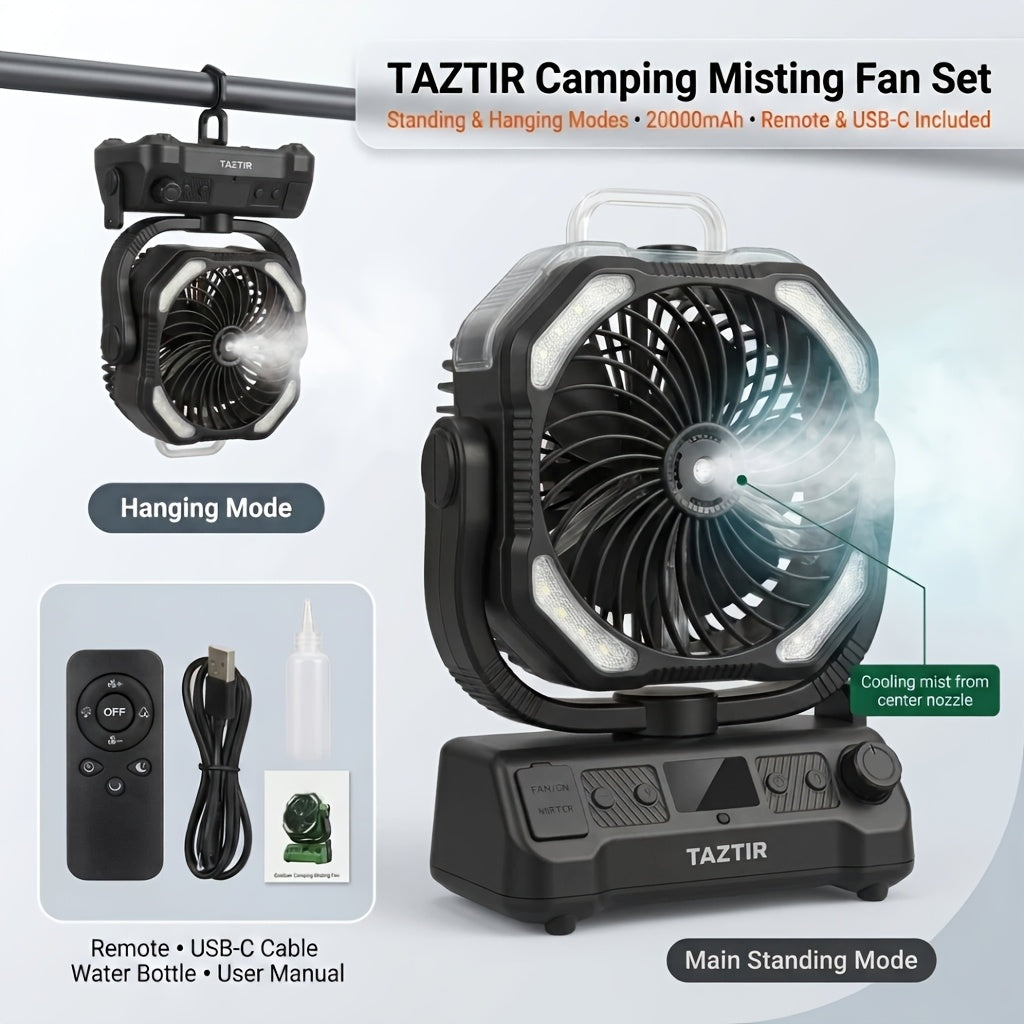 TAZTIR Camping Fan with Listed 20000mAh Battery, Basic or Mist Models in Black or Orange and a Mist+Scalable Option for Tent and Campsite Airflow