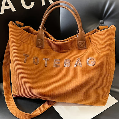 Corduroy Crossbody Tote Bag for Women with Adjustable Strap and Listed Hook-and-Loop Closure, Solid Color Shoulder Handbag for Commuting, Shopping and Casual Travel