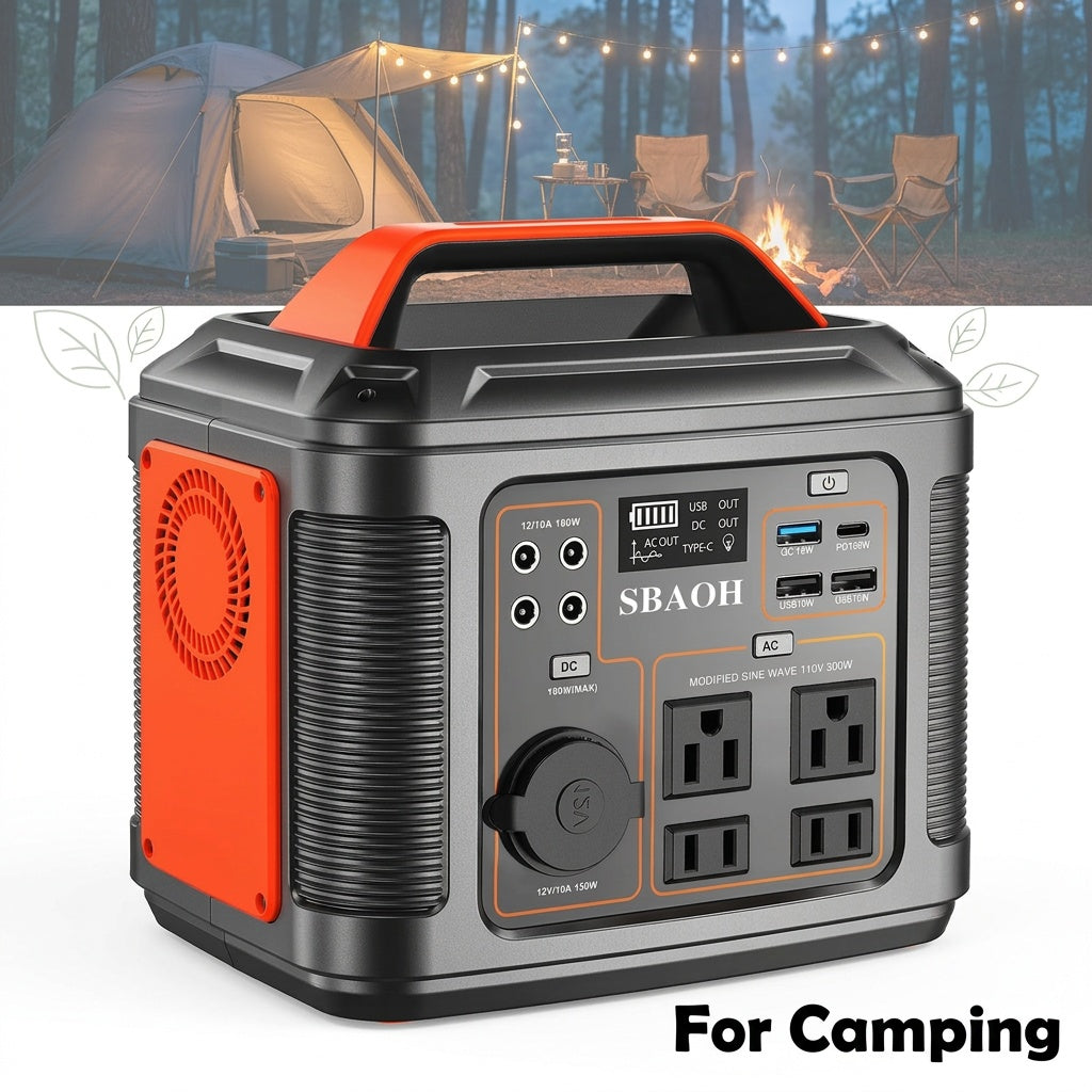 Portable Power Station 300W by SBAOH with Listed 296Wh Lithium-Ion Battery, 100W PD and Digital Display in Orange or Blue with Optional Solar Panel Package