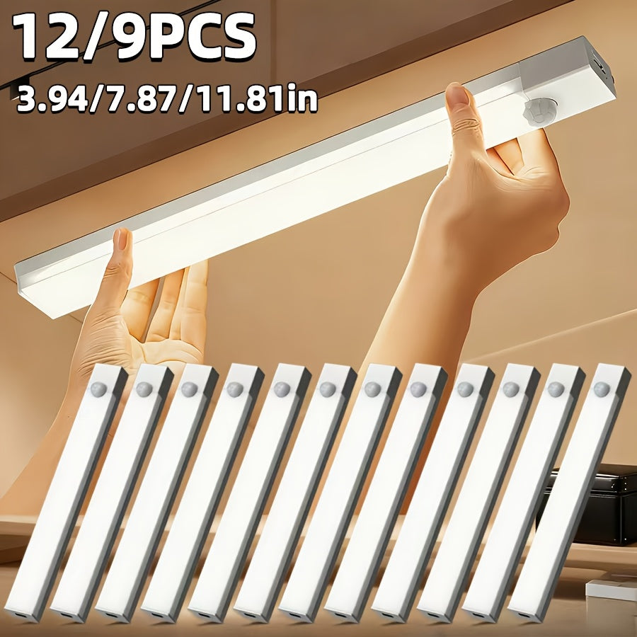 Rechargeable LED Motion Sensor Cabinet Lights, USB Wireless Under Cabinet Lighting, 3 Modes, Magnetic Stick-On Night Light Bar for Kitchen, Closet, Hallway, Stairs, Bedroom, 6/9/12-Pack, 3 Sizes