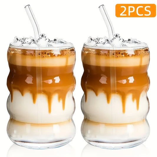 Borosilicate Glass Cup Set with Straws, 2-Piece Caterpillar-Style Single-Wall Drinkware for Iced Coffee, Juice, Milk and Tea Serving at Home or Brunch