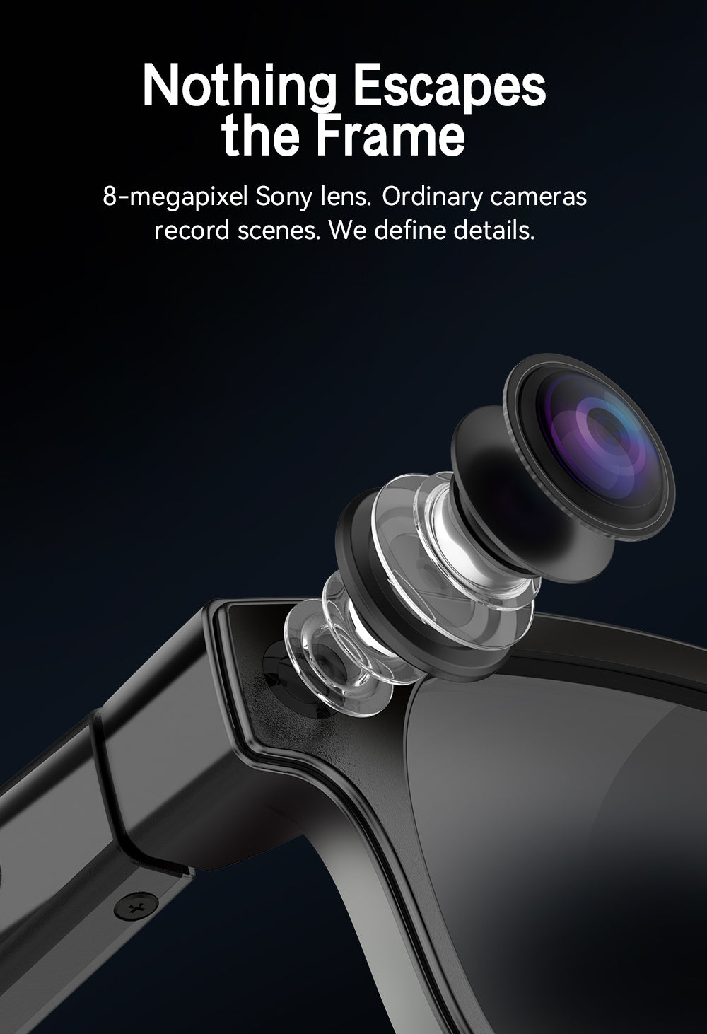 8MP Camera Smart Glasses with Three Pairs of Lenses, Black Touch-Control Eyewear with HD Video, Translation, Bluetooth Calls and Music