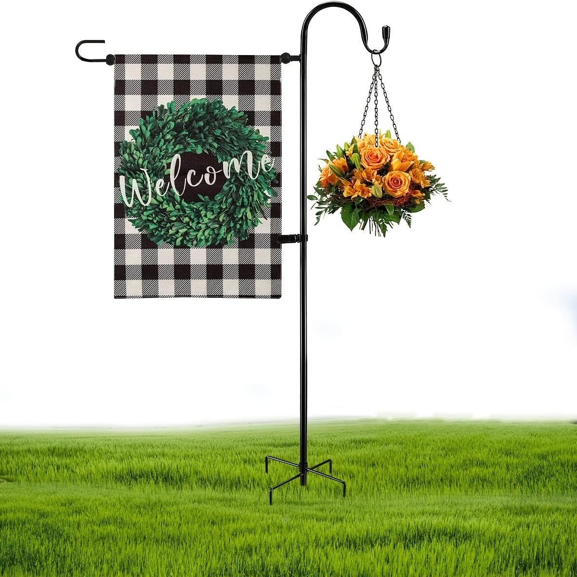 Garden Flag Holder with Clip and 2 Spring Stoppers, Powder-Coated Steel Stand with Shepherd Hooks for 12 x 18 Inch Seasonal Flags and Front Yard Decor