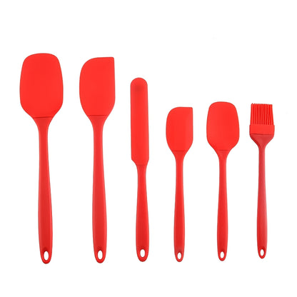Silicone Baking Utensil Set, Six-Piece Kitchen Tool Selection with Scraper, Spatula and Oil Brush References in Red, Green, Black, Pink or Blue for Cake Preparation