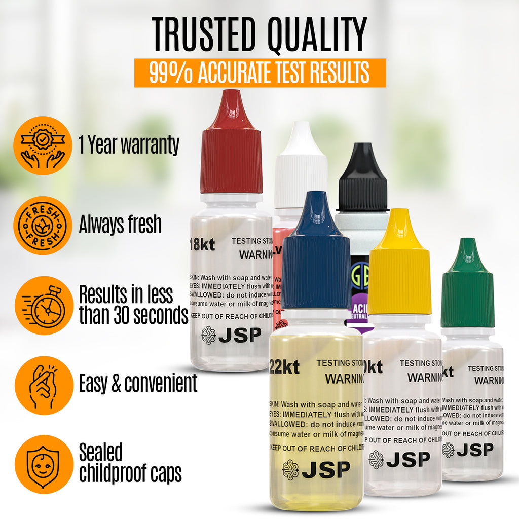 Jewelry Testing Kit with Listed 10K, 14K, 18K, 22K and Silver Solutions, Neutralizer and Two Rubber-Backed Test Stones for Experienced Adult Metal Evaluation