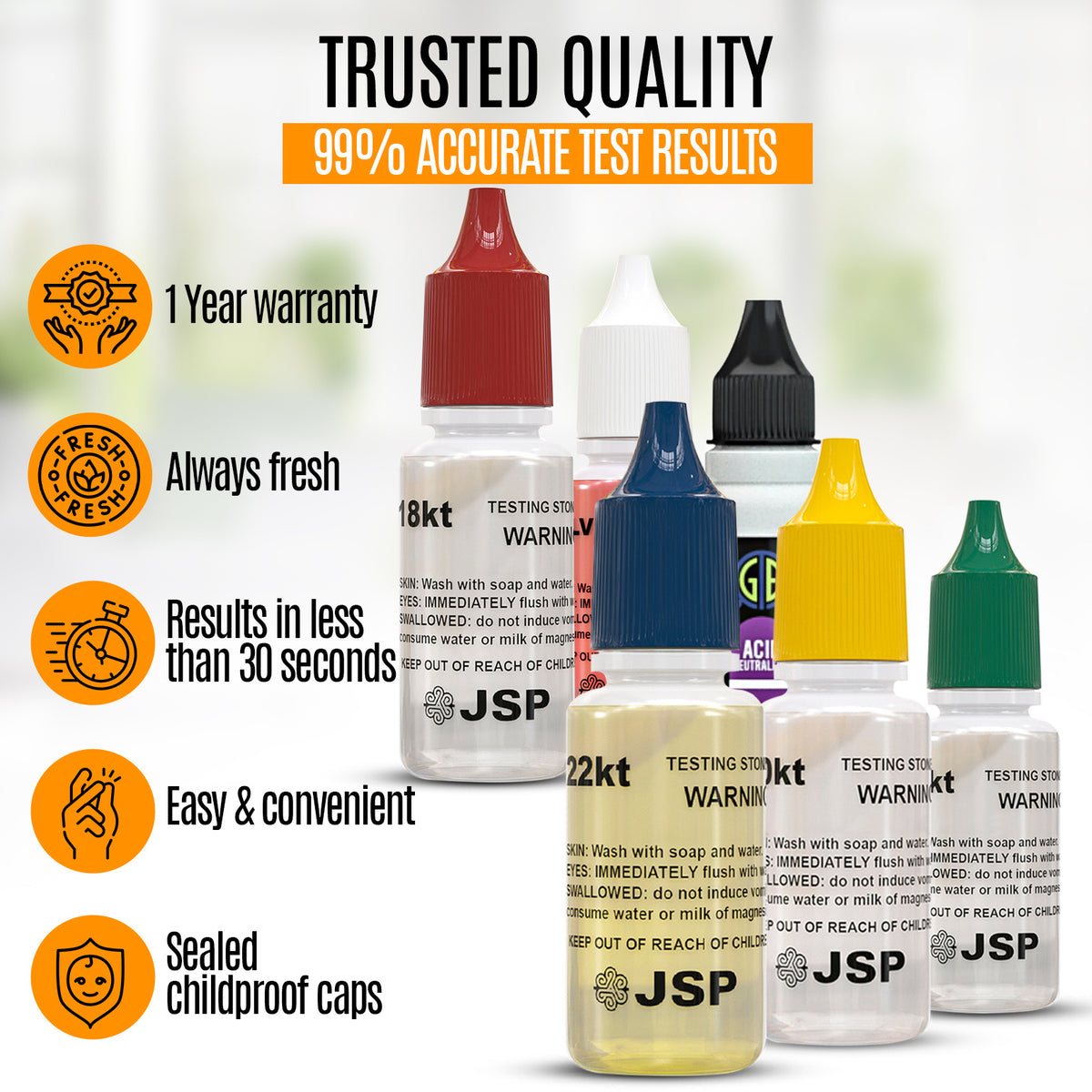 Jewelry Testing Kit with Listed 10K, 14K, 18K, 22K and Silver Solutions, Neutralizer and Two Rubber-Backed Test Stones for Experienced Adult Metal Evaluation