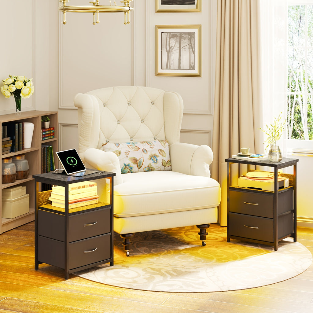 LED Nightstand with Charging Station, Smart Night Stand with USB Ports & Outlets, 2 Fabric Storage Drawers, Bed Side Table for Bedroom, Dorm & School, White or Black, 1pc / 2pcs