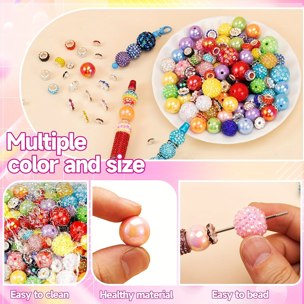 Bubblegum Beads for Beadable Pens, Listed 200-Piece Mixed Color Craft Assortment with 16mm and 20mm Chunky Bead Wording and Rondelle Spacers for DIY Keychain Projects