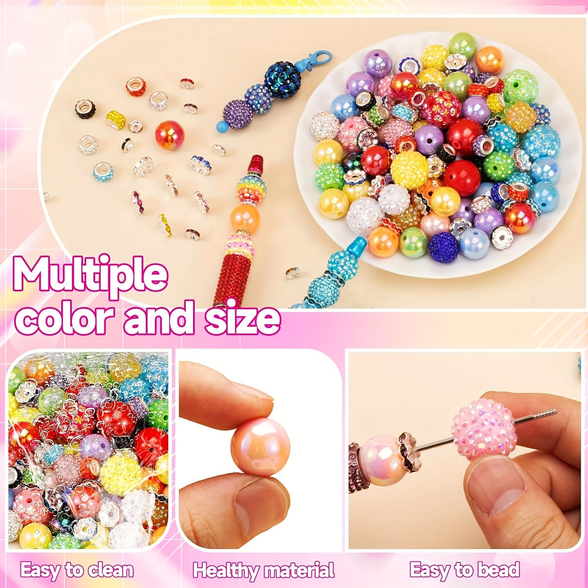 Bubblegum Beads for Beadable Pens, Listed 200-Piece Mixed Color Craft Assortment with 16mm and 20mm Chunky Bead Wording and Rondelle Spacers for DIY Keychain Projects