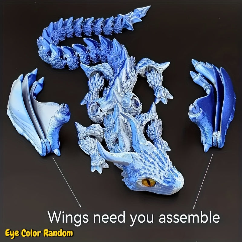 3D Printed Dragon Figurine with Articulated Two-Horned Fantasy Design, Six Color Combinations and Random Eye Details for Gothic Shelf, Desk and Room Decor