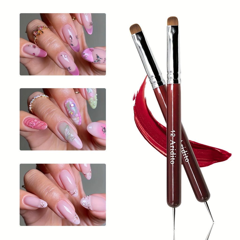 French Manicure Brush Set by Aridito, Four-Piece Nail Art Selection with Red Wood Handles, Metallic Ferrules and No. 10, 12, 14 and 16 Size Labels