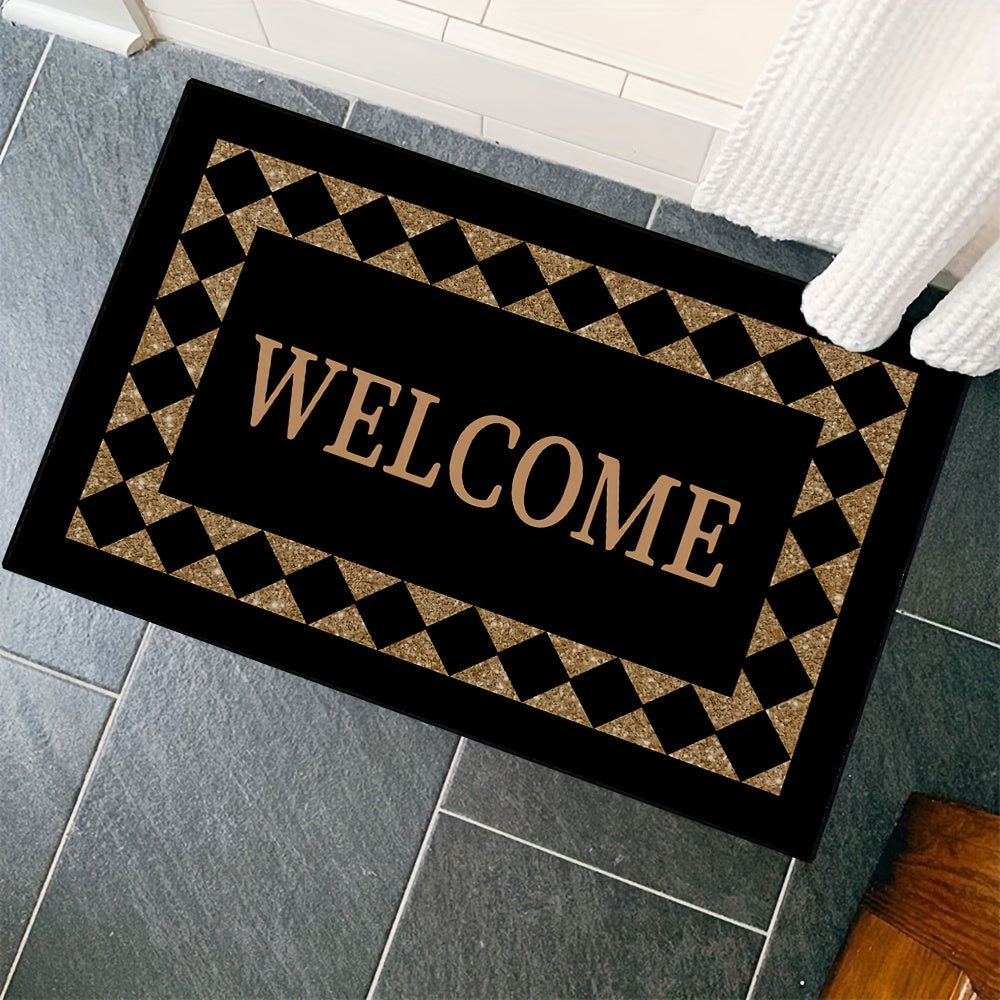 Black Welcome Doormat, Indoor Entrance Floor Mat in 16 x 24 or 20 x 32 Inch Size Options for Home Entryways, Hallway Decor and Housewarming Gift Ideas