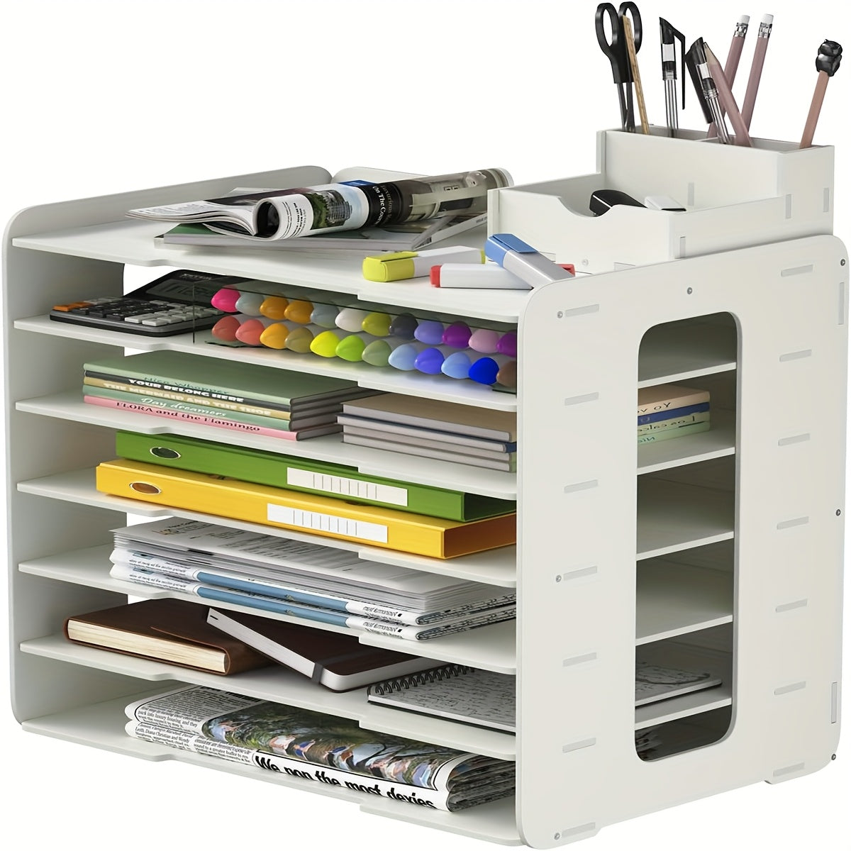 Scrapbook Paper Organizer with 12-Tier Desktop File Sorter Design, White 17.5 × 15.6-Inch Option for Home Office Paper Sorting and Craft Room Storage