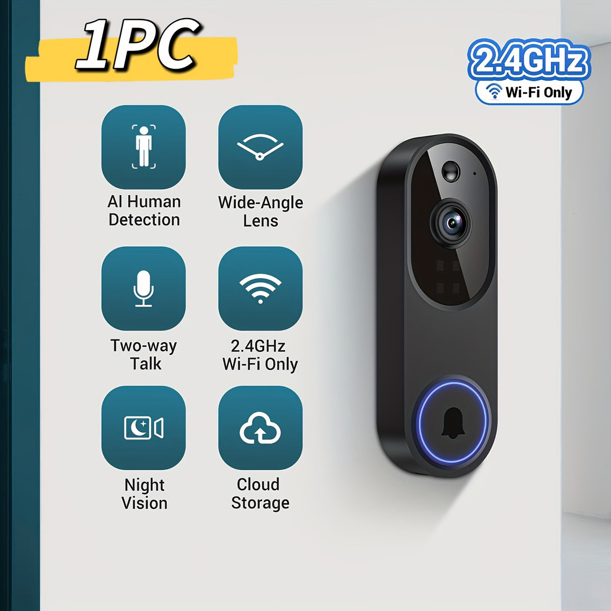 Dual-Band WiFi Video Doorbell 960P in Black with Two-Way Audio, Real-Time Viewing, Color Night Vision and AI Person and Vehicle Detection for Home Entry