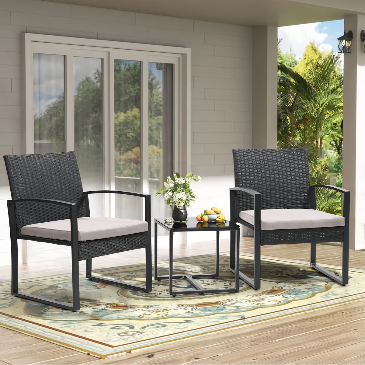Patio Bistro Set with Black Rattan Styling, 3-Piece Outdoor Furniture with Tempered Glass Table and Gray or Black Cushions for Garden Seating and Coffee