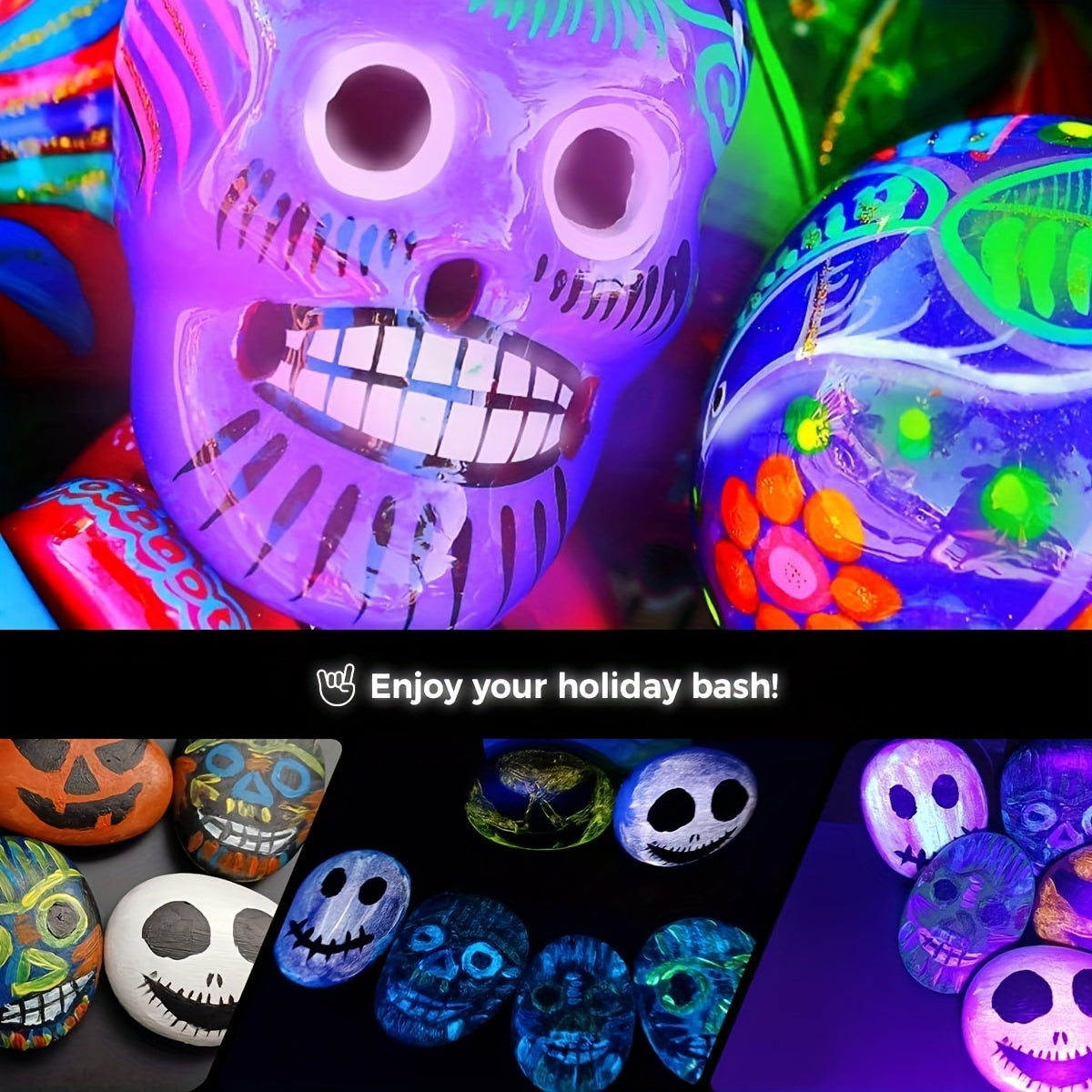 Glow-in-the-Dark Acrylic Paint in 10 Neon Colors with Listed UV-Reactive Effects and 60ml/2oz Wording for Rock Painting, Canvas Art and Seasonal Crafts