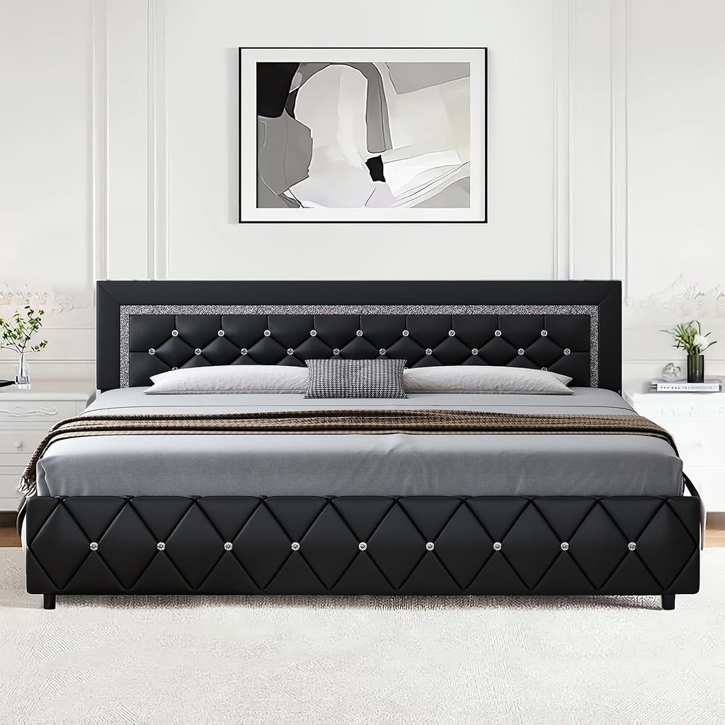 Diamond Tufted Upholstered Bed Frame in Black Faux Leather with Headboard, Footboard and Wooden Slat Support, Twin, Full, Queen and King Options