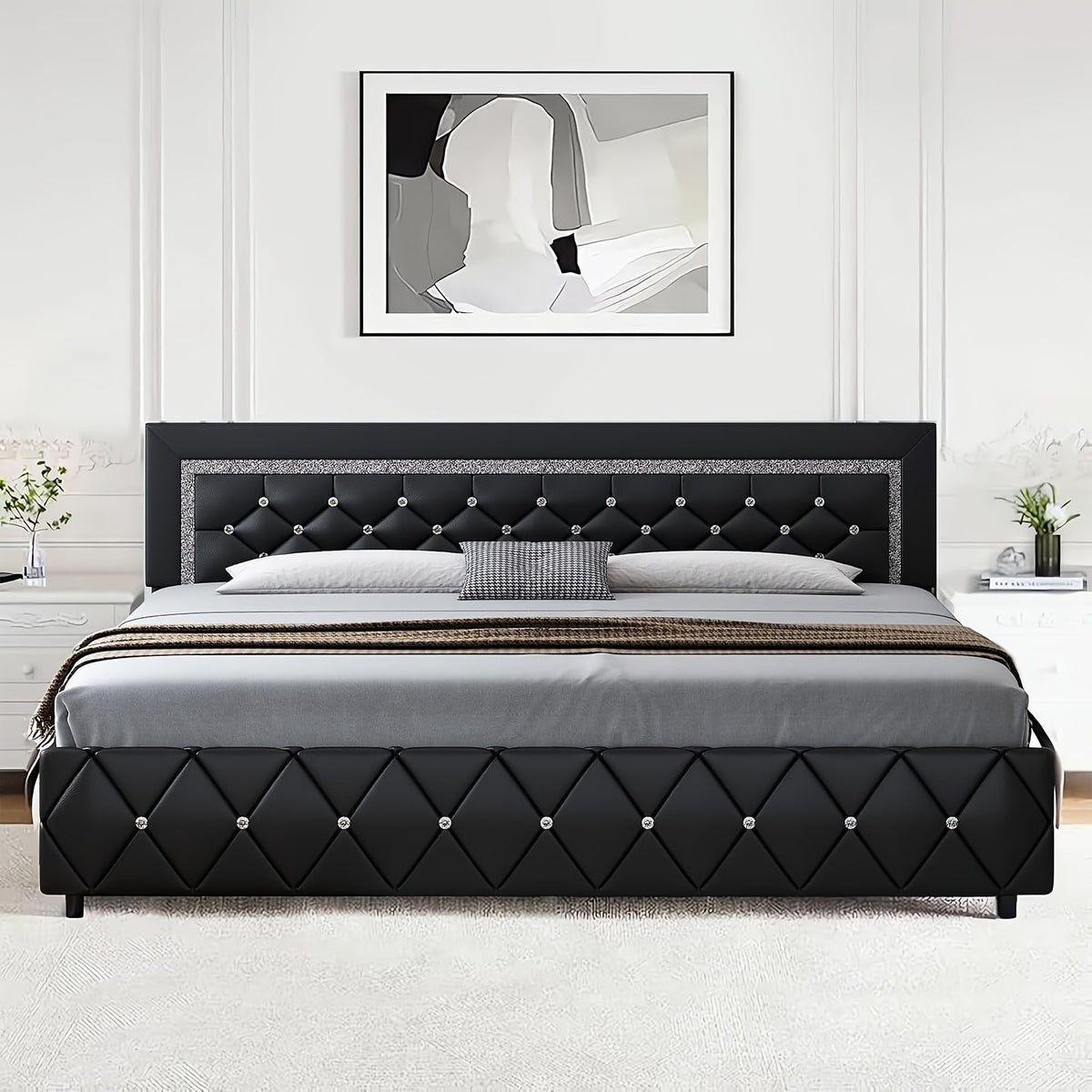 Diamond Tufted Upholstered Bed Frame in Black Faux Leather with Headboard, Footboard and Wooden Slat Support, Twin, Full, Queen and King Options