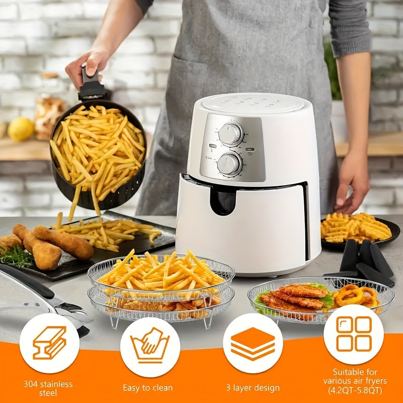 Air Fryer Dehydrating Rack Set in Silvery with Listed Eight Pieces, Stainless Steel Round Stackable Design, Raised Legs and Clips for Compatible Basket Cooking