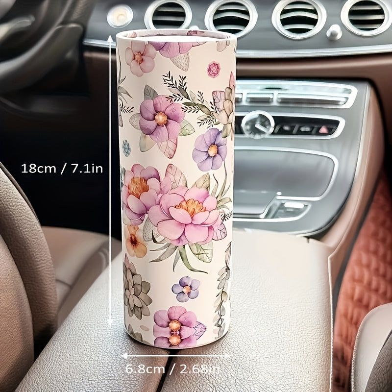 Cup Holder Car Tissue Tubes, Two-Roll Pink and White Floral Facial Tissue Pack in Compact Cylindrical Containers for Vehicle Interior Organization and Daily Use