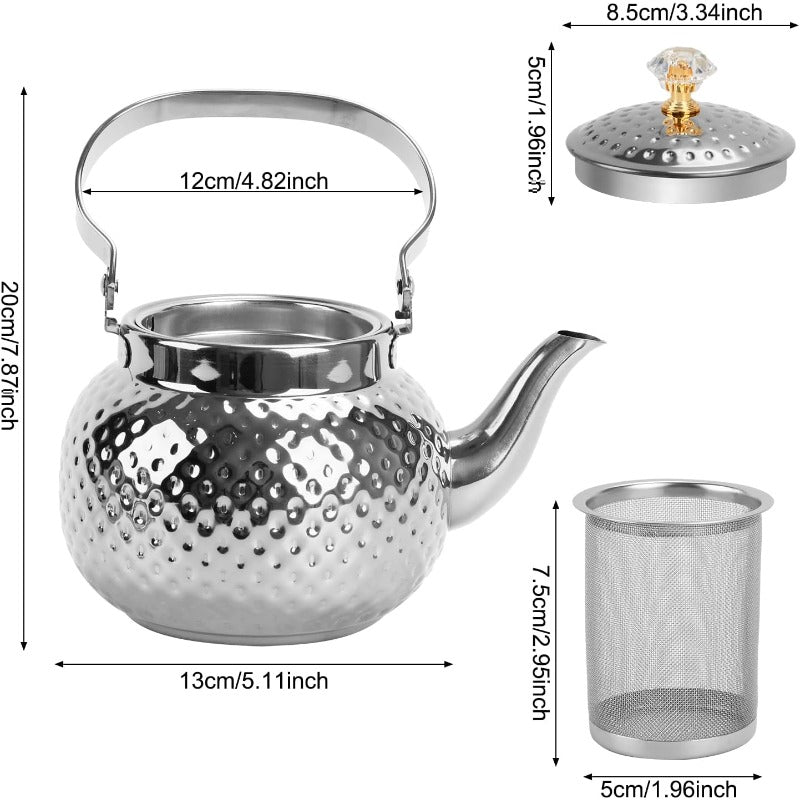 Hammered Stainless Steel Teapot with Strainer, 40.58oz Loose Leaf Tea Kettle in Gold or Silver for Home Tea Brewing & Tea Lover Gifts
