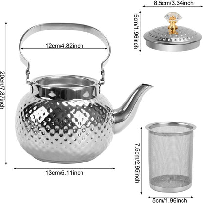 Hammered Stainless Steel Teapot with Strainer, 40.58oz Loose Leaf Tea Kettle in Gold or Silver for Home Tea Brewing & Tea Lover Gifts