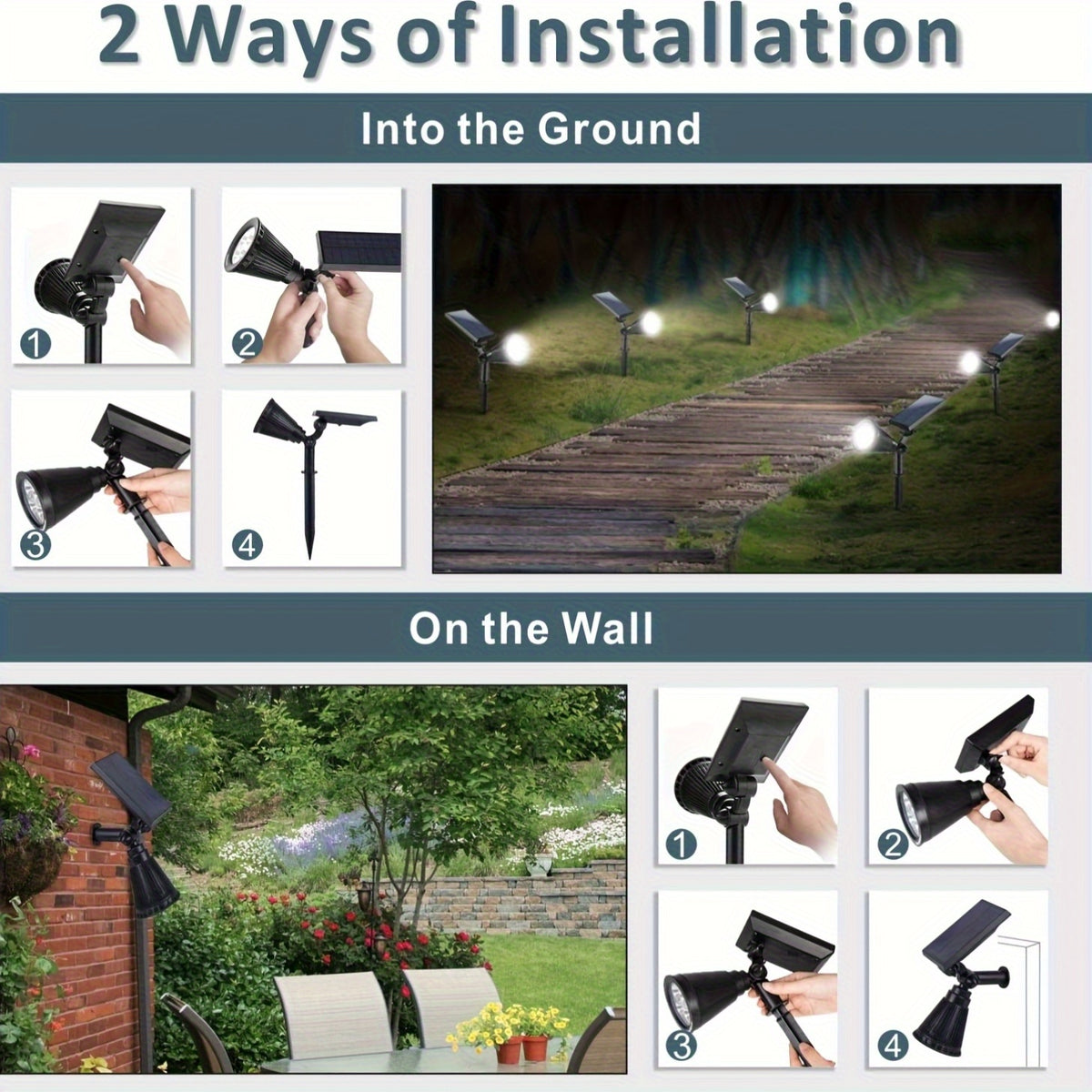 Solar Landscape Spotlight Pair in White or Warm Light, Adjustable Garden Accent Lamps with Listed 7 LEDs and IP44 Rating for Ground or Wall Installation