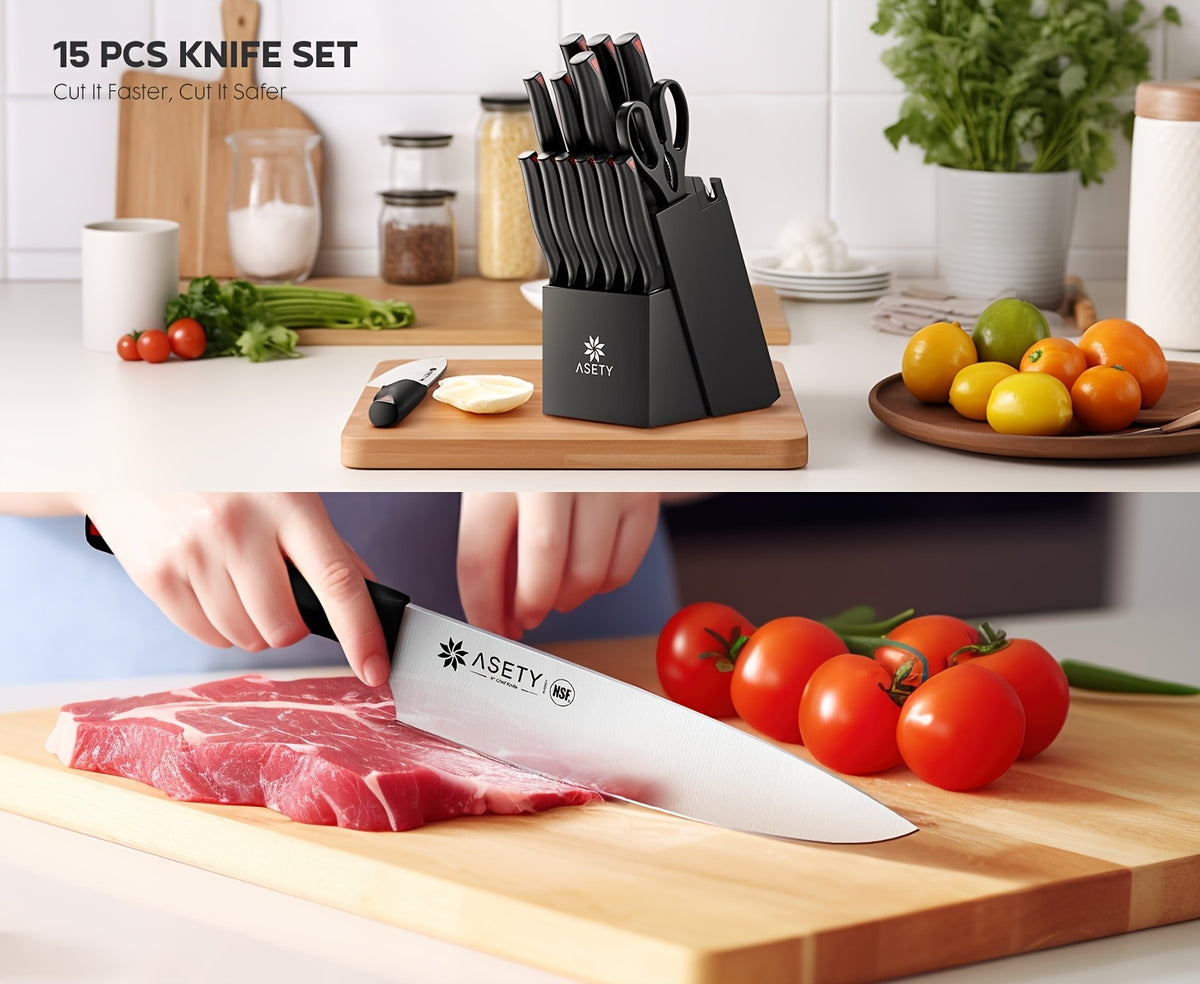 Asety Kitchen Knife Set with PP Handles, 15-Piece Cutlery Selection in Standard or Black Spray Paint Models for Everyday Home Cooking and Ingredient Preparation